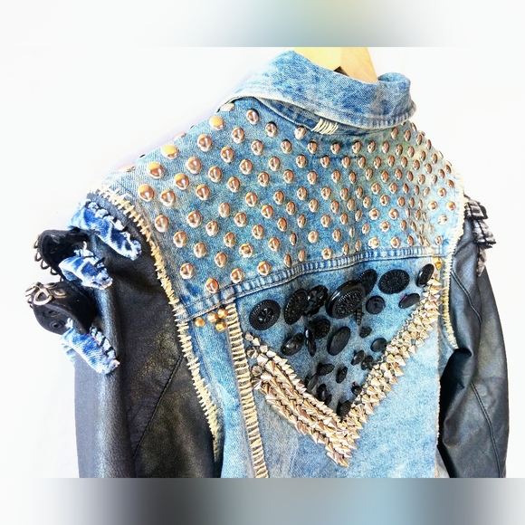 Customized Studded Denim and Leather Jacket - Picture 5 of 10